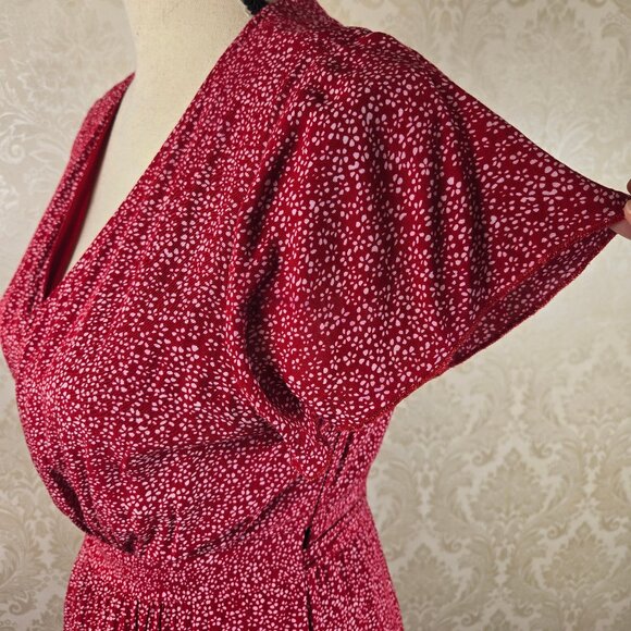 Unbranded Size Small Red White Floral Print Wrap Dress Self Tie Belt Ruffle Hem - Picture 7 of 15